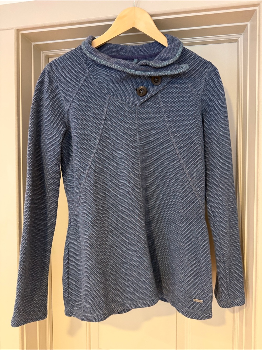 Prana Dusty Blue Textured Button-Detail Cowl Sweater